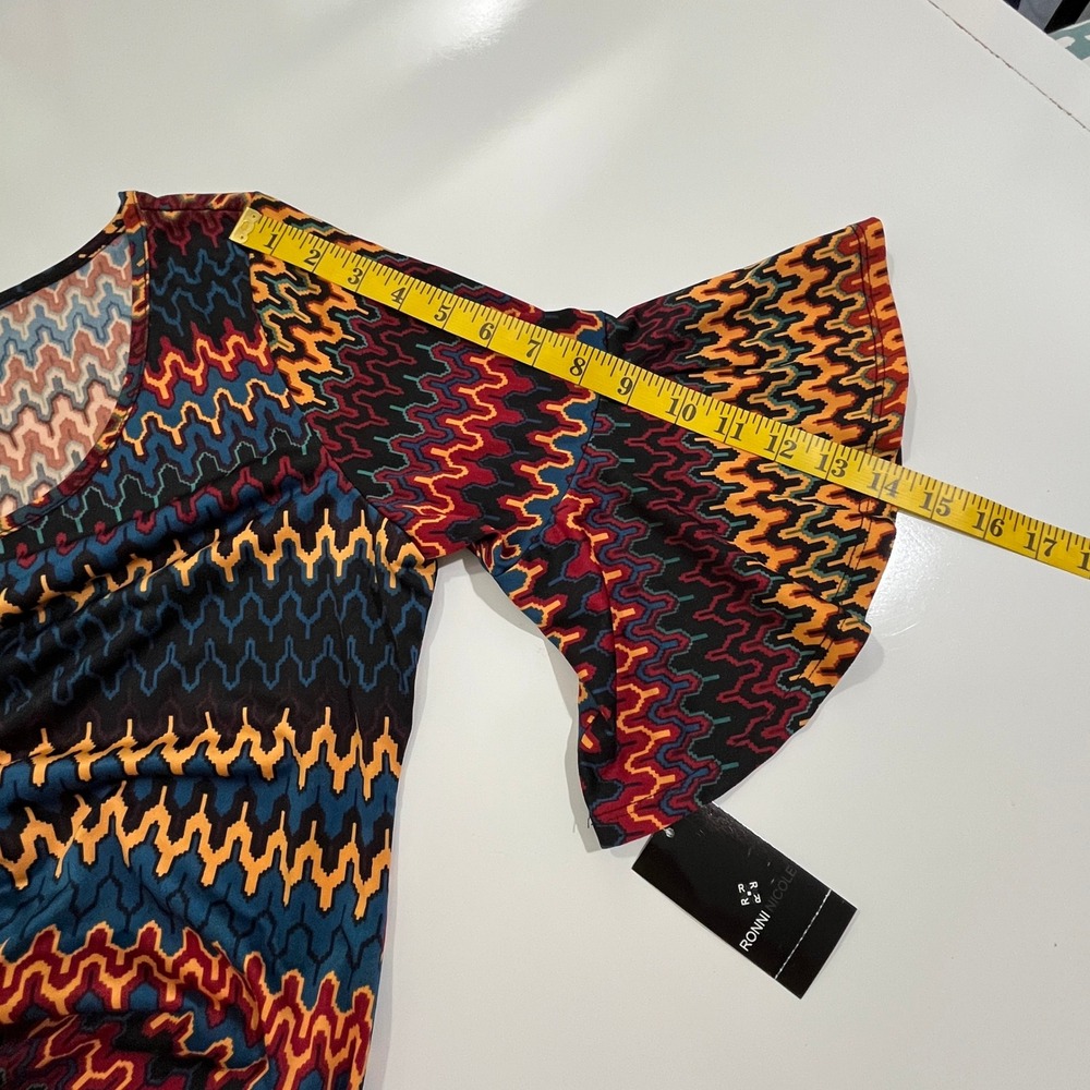NEW‎ Ronni Nicole Zigzag Shift Dress Womens M Multi Geometric Bell Sleeve Office - Picture 6 of 13